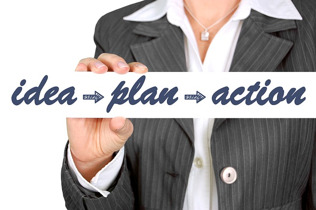 picture of lady behind text: idea plus plan equals action